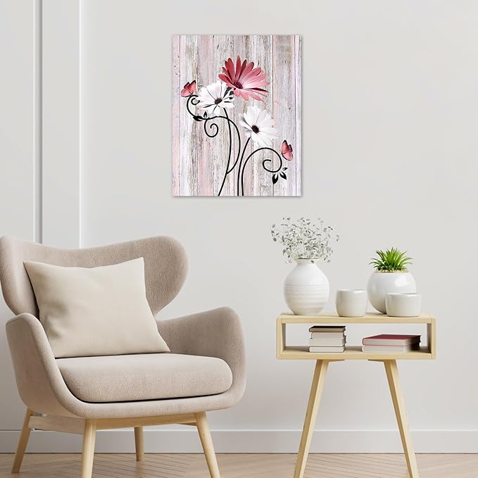 HVEST Pink Daisy Wall Art Vintage Flower and Butterfly on Rustic Wooden Abstract Painting Farmhouse Plant Wall Art for Bathroom Living Room Bedroom Kitchen Decor Ready to Hang, 10Lx8W Inches