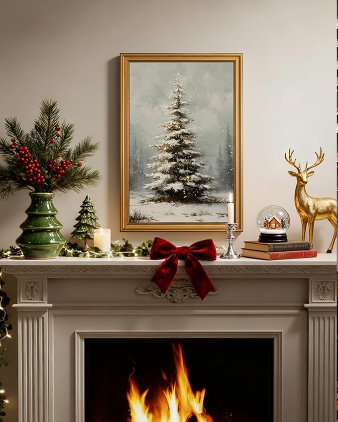 InSimSea Gold Framed Wall Art, Vintage Canvas Prints Decor, Christmas Tree Paintings Large Wall Decor, Farmhouse Pictures for Winter Xmas Bedroom Holiday Decoration Gifts, 16x24inch