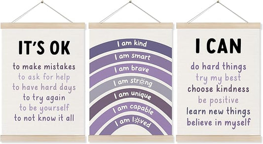 Koesus Inspirational Classroom Purple Rainbow Wall Art Poster Hanger Frame 12x16 Inch Set of 3, Positive Affirmations for Kids, Motivational Canvas Prints Framed Wall Decor for Classroom Kids Room