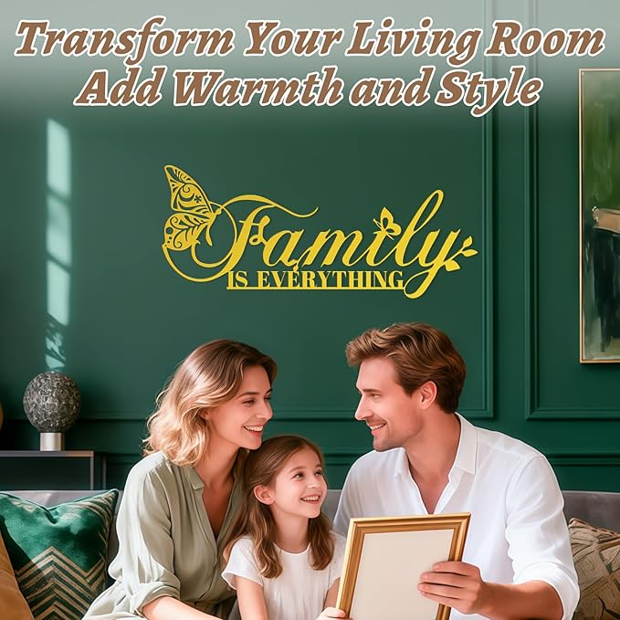 Golden Family Signs Metal Wall Art Home Decor, Family Is Everything Words Sign Modern Wrought Iron Hanging Door Plaque Letters Decoration for Living Room Photos Dining Room Bedroom Housewarming Christmas