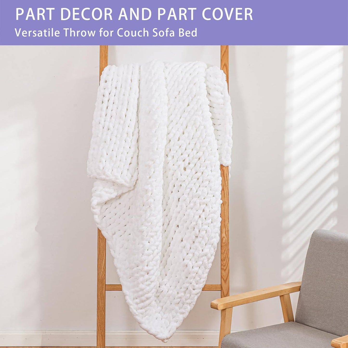 Bigacogo Chunky Knit Throw Blanket for Couch, 40x80 inches, 100% Hand Knitted with Thick Jumbo Chenille Yarn, Cozy Soft Large Rope Knot Cable Crochet Blankets for Sofa Bed Living Room, White