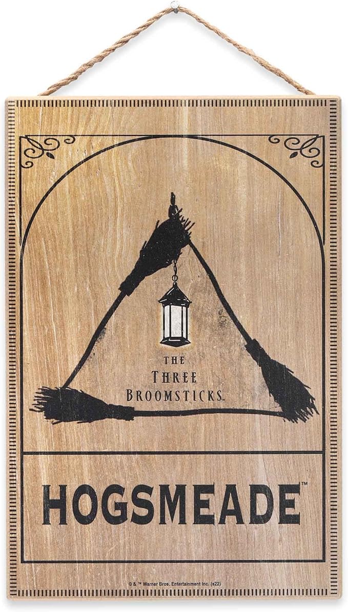Harry Potter Hogsmeade Hanging Wood Wall Decor With Three Broomsticks Symbol - Fun Harry Potter Sign for Movie Room or Bedroom