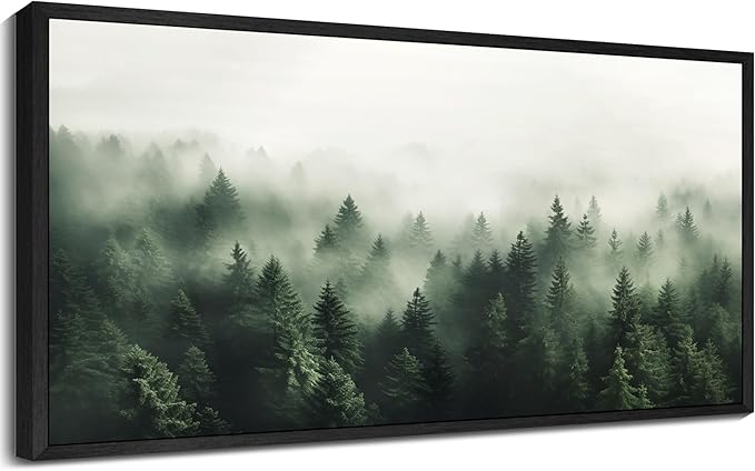SHENIFY Green Fog Pine Tree Forest Vintage Framed Wall Art Modern Landscape Scenery Farmhouse Artwork Prints Decor for Hallway Bedroom Living Room Dining Room - 20x40in Black Framed