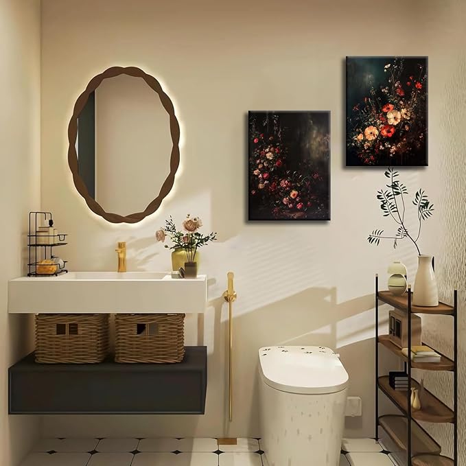 2Pcs Framed Canvas Prints Art Vintage Moody Floral, Classical Fall Wildflower Floral Painting, Rustic Dark Autumn Flower Wall Art for Living Room Bedroom Home Bathroom Wall Decor, 12x16in