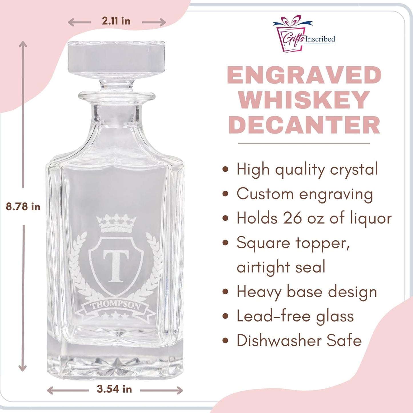 Gifts Inscribed Custom Whiskey Decanter Bottle (750 ml) - Personalized Glass Liquor Decanter Set - Customized Glassware - Engraved Whisky Glassware Gift for Wedding, Groomsman, Anniversary, Birthday