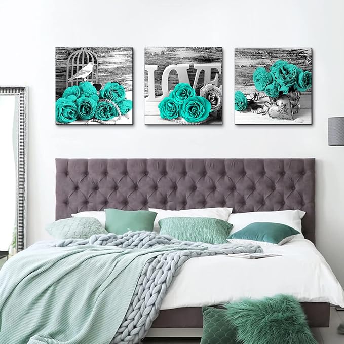 Teal Roses Floral Wall Art for Bathroom Home Decor Framed Canvas Prints Black&White Blue Rose Flowers Paintings Warm Family Pictures Posters Modern Artwork Homes Decorations Set of 3 Pieces 24x24