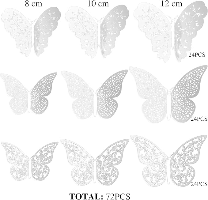 Bememo 72 Pieces 3D Butterfly Wall Decals Sticker Decal Wall Decor Art Decorative Sticker 3 Sizes for Room Offices Bedroom Bathroom Living Room Decor(White)