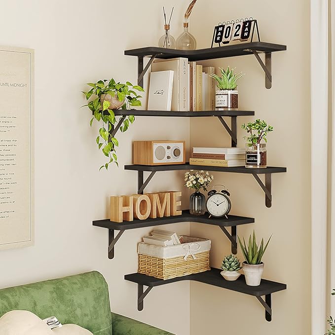 Fixwal Floating Shelves for Wall, Rustic Wood Wall Mounted Corner Shelf for Bathroom, Kitchen, Bedroom, Home Decor, Laundry Room, Living Room, Set of 5 (Black)