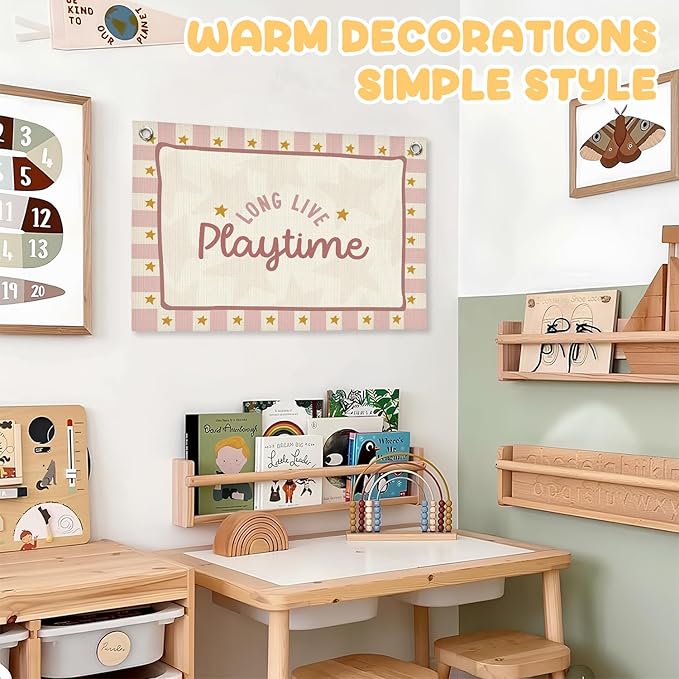 Playroom Wall Decor,Long Live Playtime Linen Canvas Banner,Pink Toddler Playroom Decor Kids Room Nursery with Star Pattern Wall Decor for Toddler Girls Toy Room Bedroom,30x20 Inch