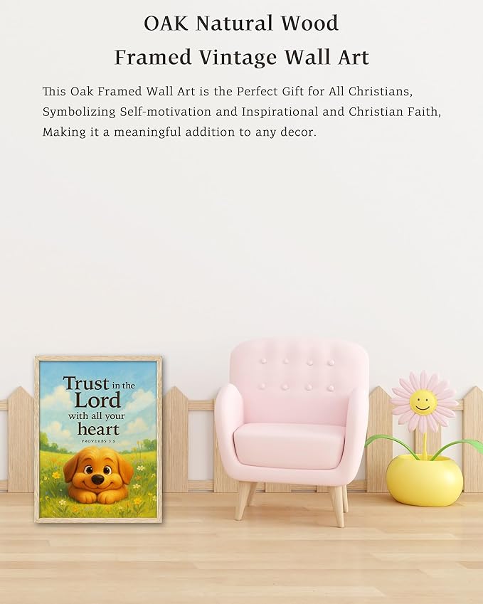 KensTro Natural OAK Wood Nursery Decor Framed Wall Art, 12x16 in Inspirational Christian Bible Verse Wall Art,Trust In the Lord with All Your Heart Proverbs 3:5 for Boys Girls Bedroom Decor Set of 1
