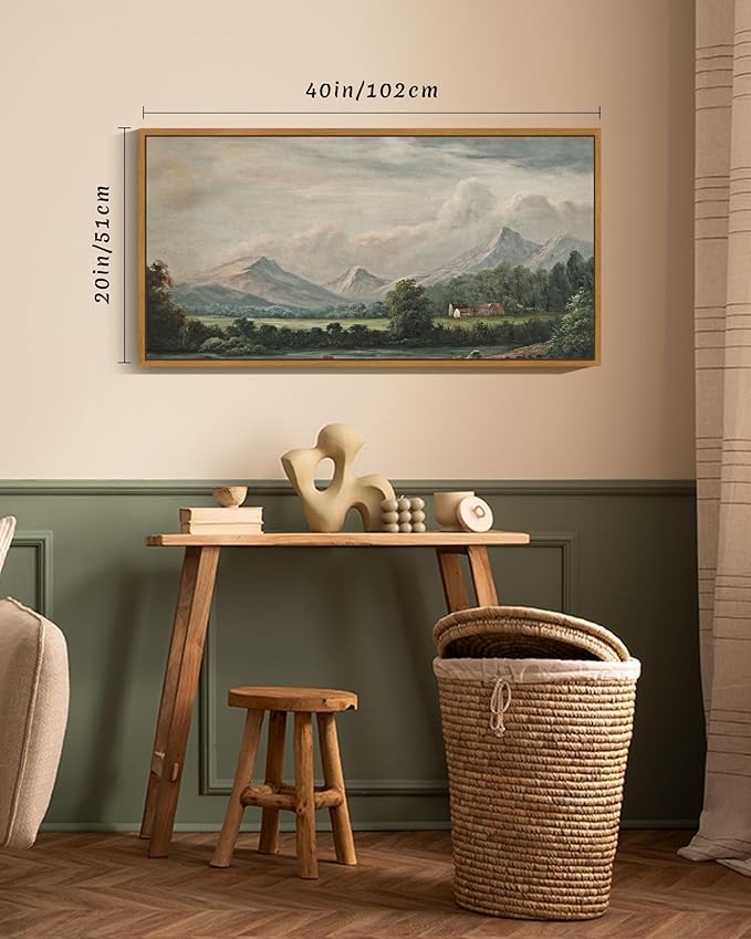 SHENIFY 20x40in Extra Large Vintage Framed Wall Art Country Village Landscape Painting Retro Mountain Meadow Scenery Farmhouse Bedroom Above of Bed Living Room Decor - Natural Framed