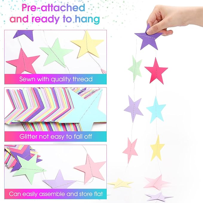 Patelai Glitter Star Garland Banner 2026 Graduation Decor 130 Feet Star Hanging Banner Twinkle Backdrop for Party Birthday Classroom Wedding Supplies(Macaron Color)