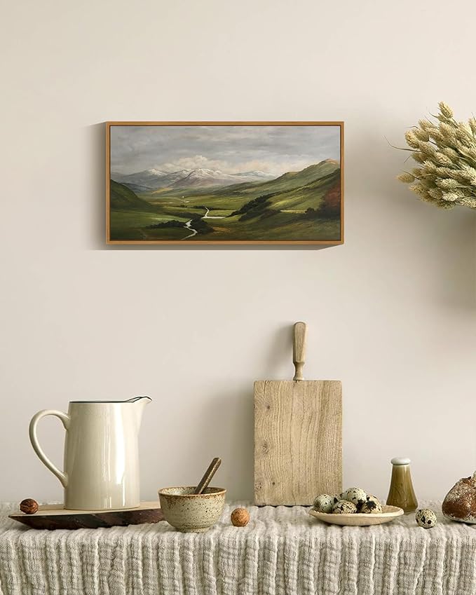 SHENIFY Vintage Framed Wall Art Mountain Range Valley River Landscape Painting Retro Meadow Scenery Farmhouse Kitchen Living Room Decor - 8x16in Natural Framed
