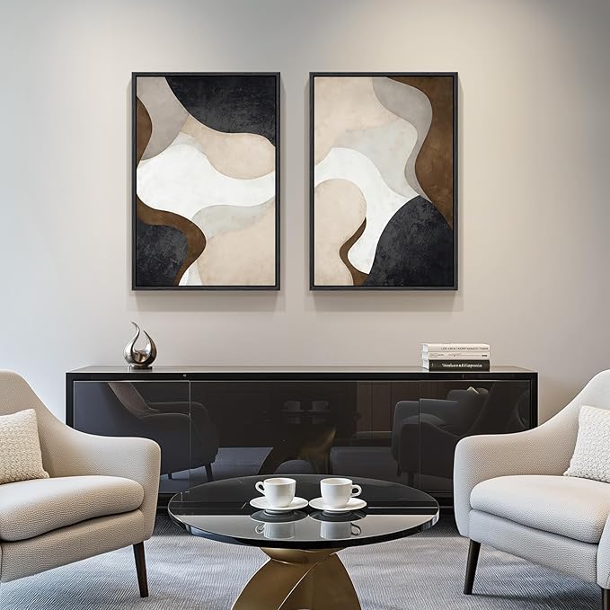 Framed Neutral Abstract Minimalist Wall Art, 2 Piece Large Modern Canvas Prints Paintings Artwork for Walls, Black Beige Brown Abstract Art Pictures for Living Room Dining Bedroom Wall Decor 20x30 In