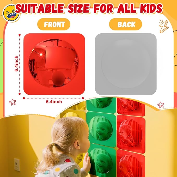 Geiserailie 9 Pcs Sensory Wall Mirror Acrylic Bubble Mirror Toys for Calming Corner Items - Sensory Room Have Visual, Tactile Stimulation (6 x 6 Inch,Red,Yellow,Green)