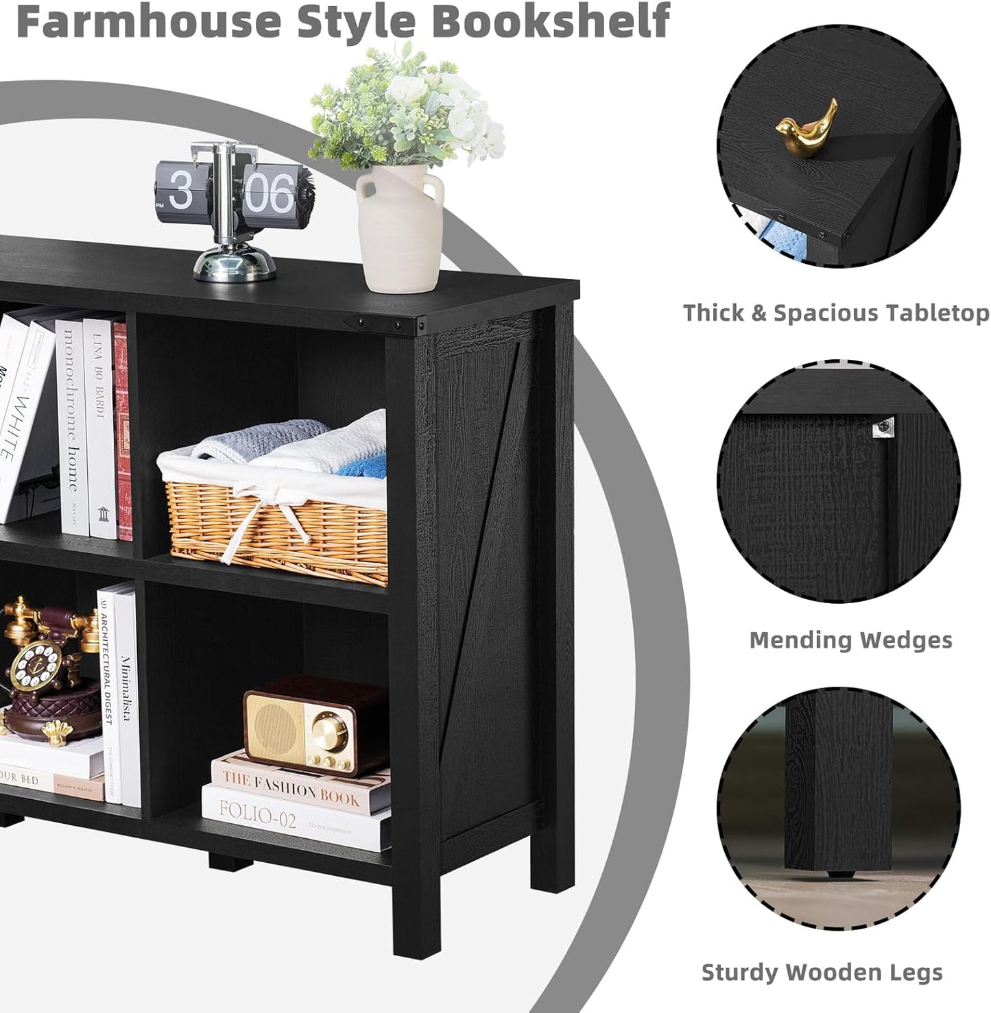 8 Cube Book Shelf, Farmhouse Wood Long Storage Organizer Bookcase, 62" Horizontal Black Console Closet Bookshelf, Hallway TV Stand for Entryway, Display Cabinet Book Case for Living Room