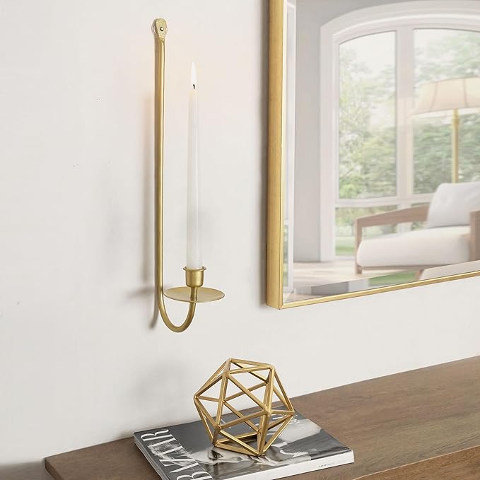 Wall Candle Holders Set of 2 Handcrafted Wrought Iron Sconces with Gold Finish, Easy to Install Modern Candle Holders for Living Room, Bedroom, Hallway, Wedding or Holiday Decor