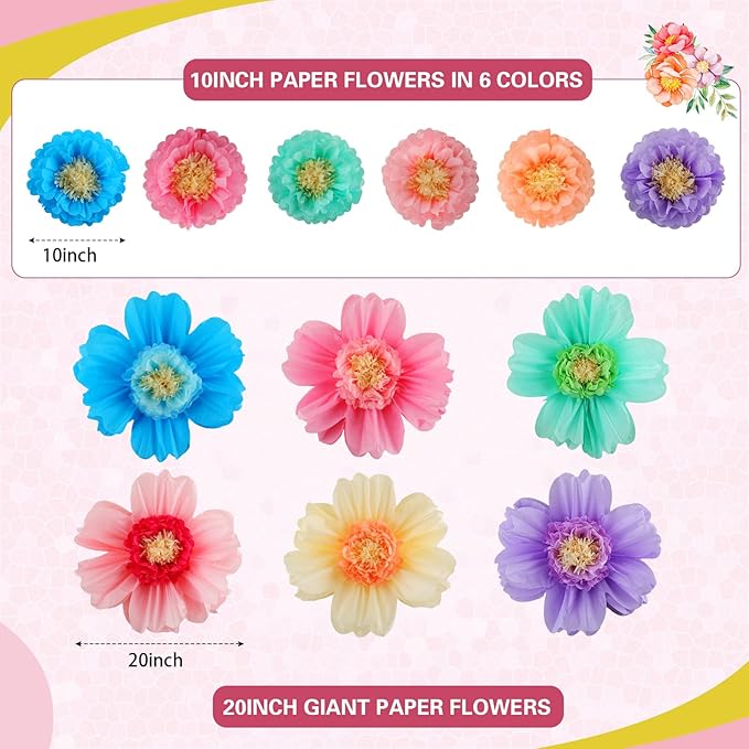 Crowye 24 Pcs Large Colorful Tissue Paper Flowers Decorations 20" Giant Fiesta Craft Crepe Paper Flowers for Wall Decor Backdrop Mexican Wedding Birthday Carnival Party (Colorful)