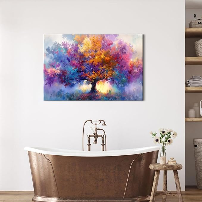 Vibrant Tree of Life Wall Art Colorful Framed Tree Canvas Prints for Living Room Abstract Nature Flowers Trees Canvas Artwork Watercolor Paintings Artwork for Bedroom Kitchen Home Decoration 24x36