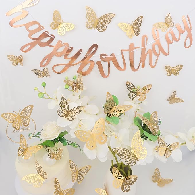 36 Pcs Butterfly Wall Decor, 3 Styles 3 Sizes 3D Gold Butterfly, Wedding Decorations, Birthday Party Decorations, Girls Bedroom Decoration(36 Pcs, Gold)