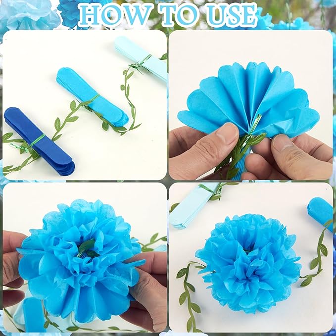 Gradient Blue Tissue Paper Pom Pom Garlands, Paper Flowers for Birthday Decorations, Baby Shower, Wedding Engagement, Bridal Shower, Spring Summer Party Decorations