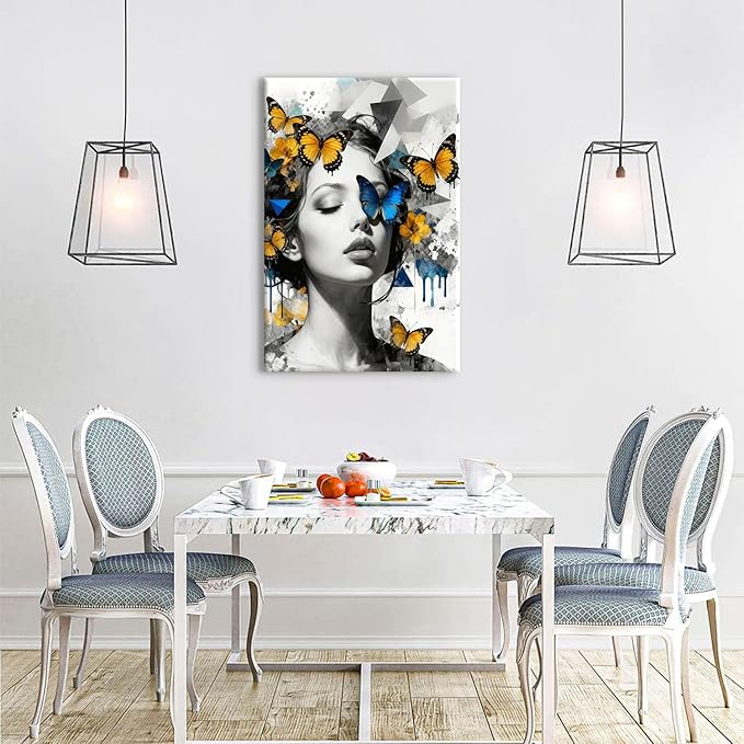 Women Butterfly Wall Art Abstract Feminine Canvas Artwork for Bedroom Black and White Woman Portrait Prints Paintings Yellow Blue Butterfly Posters for Living Room Bathroom Home Decorations 24x36"