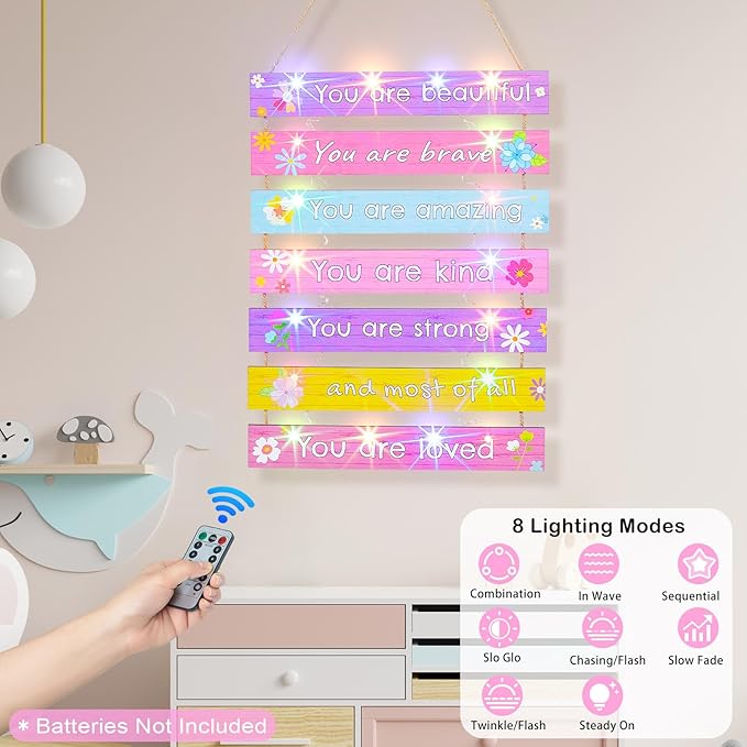 FIOBEE Girls Room Décor for Teen Girls Boys with LED Light Wall Decor for Bedroom Motivational Inspirational Wall Art Room Decoration for Kids Studyroom, 8 Kinds of Lights, Colorful Flower