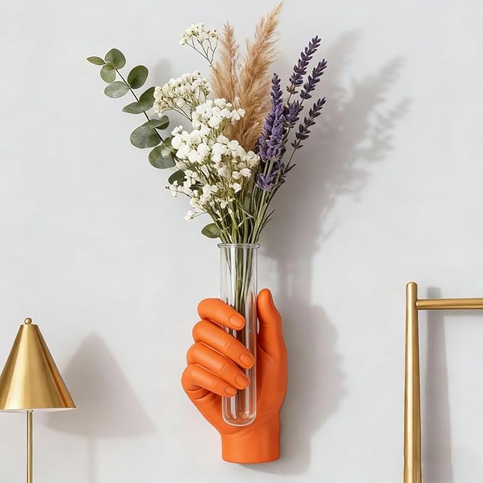 Wall Hand Vase,Vintage Art Decor,Life-Size Hand Sculpture with Glass Test Tube Vase,Unique Wall Art Statue for Indoor or Outdoor,Maximalist Boho Whimsical Decor, for Women (Orange)