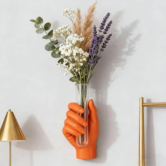 Wall Hand Vase,Vintage Art Decor,Life-Size Hand Sculpture with Glass Test Tube Vase,Unique Wall Art Statue for Indoor or Outdoor,Maximalist Boho Whimsical Decor, for Women (Orange)