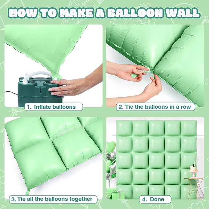 NISOCY 25PCS Pastel Green Square Foil Balloons Wall Backdrop Double Sided Macaron Green Balloons Arch Kit for Birthday Easter Baby Bridal Shower Anniversary Wedding Gender Reveal Party Decorations