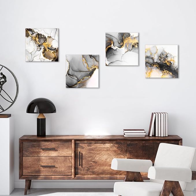 Framed Modern Abstract Black and Gold Canvas Wall Art Fluid Lines Marble Pictures Posters White Grey Minimalist Texture Painting for Living Room Bathroom Bedroom Office Home Decorations 16x16” 4 Pcs