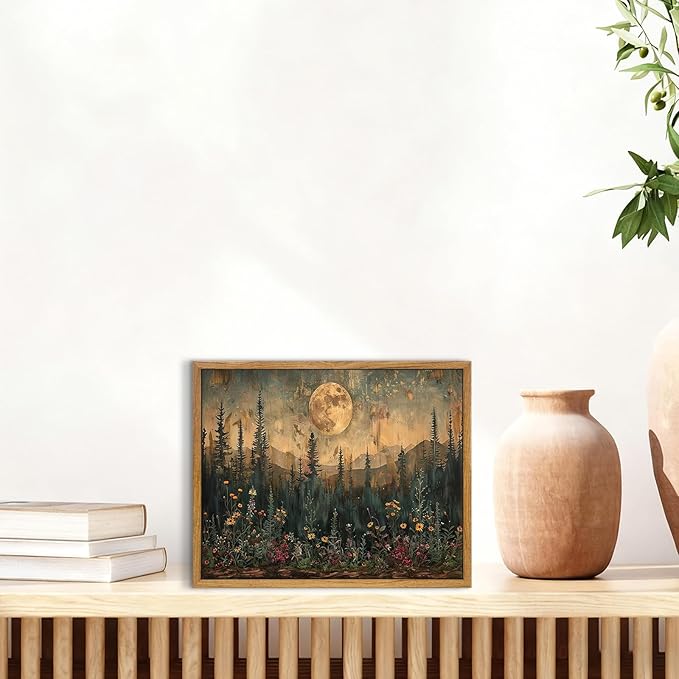 KBKBART Framed Canvas Wall Art Vintage Decor, Forest Moon Painting Prints, Nature Pine Tree Woodland Wall Decor, Dark Cottagecore Landscape Artwork for Living Room Bedroom 8x10 inch