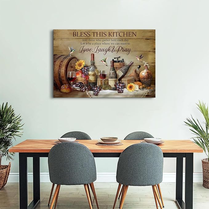 Bless This Kitchen Wall Art for Dining Room Picture Wall Decor, Vintage Farmhouse Fruit Wine Poster Canvas Prints Rustic Inspirational Quotes Painting Artwork for Living Room Home Decorations 32x48"