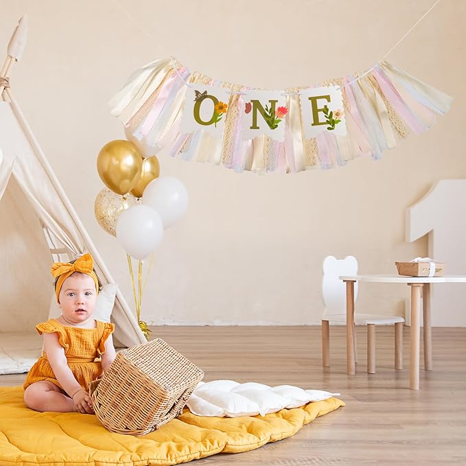 Blossom High Chair Banner with Flower & Butterfly- Floral "ONE" First Birthday Decor for Baby Girls, Little Fairy 1st Highchair Garland, Cake Smash Photo Prop