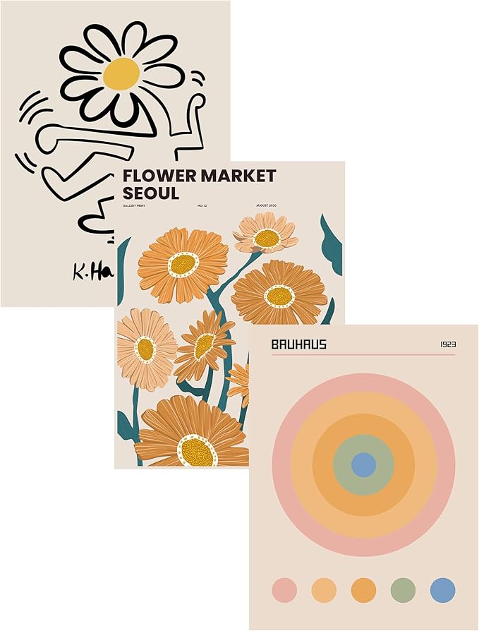 KensTro Unframed Minimalist Matisse Yellow Flower Petals Wall Art Prints,12x16in Canvas Colorful Concentric Circles Pattern Paintings for Art Poster Decor in Kitchen,Bathroom,Living Room,Bedroom 3Pack