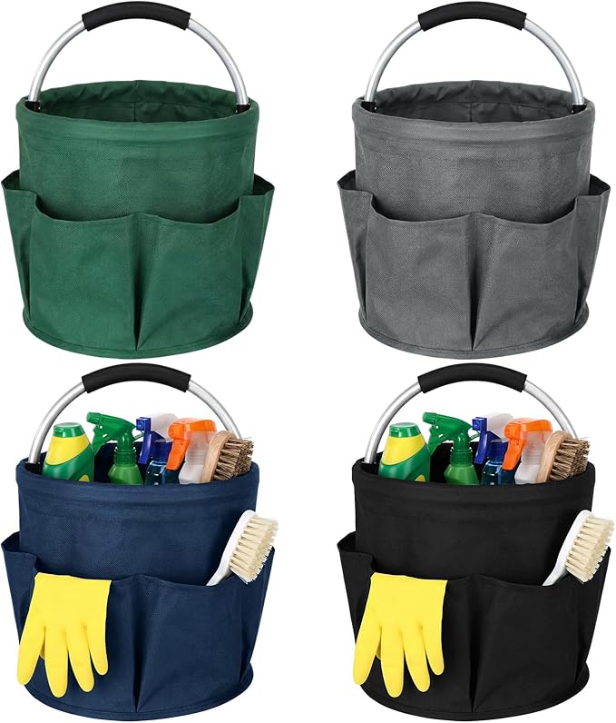 LemonRoad 4 Pack Cleaning Caddy with Handle 17L Foldable Cleaning Supplies Organizer Oxford Cloth Storage Basket with 6 Pockets & Soft Grip Portable Multi Bucket Bag for Home, Garden(4 Colors)