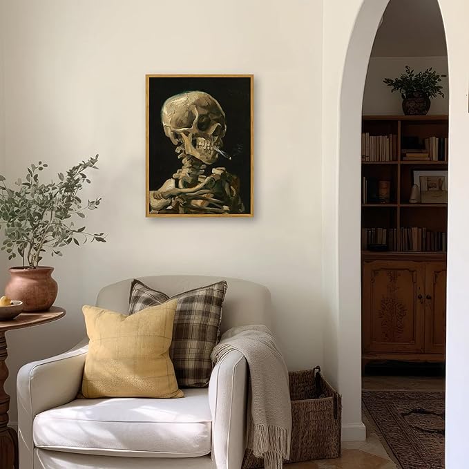 KBKBART Framed Canvas Wall Art Skull of a Skeleton with Burning Cigarette Van Gogh Art Print, Dark Academia Wall Decor Gothic Wall Art for Halloween, Living Room, Bedroom, Office, Bathroom, Gothic