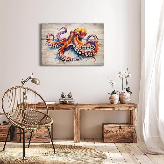 Octopus Wall Art Ocean Creature Wall Decor Modern Gallery Artwork Navy Underwater Marine Animal Canvas Prints Sea Life Paintings Framed for Kitchen Bedroom Living Room Home Decorations 24x36"