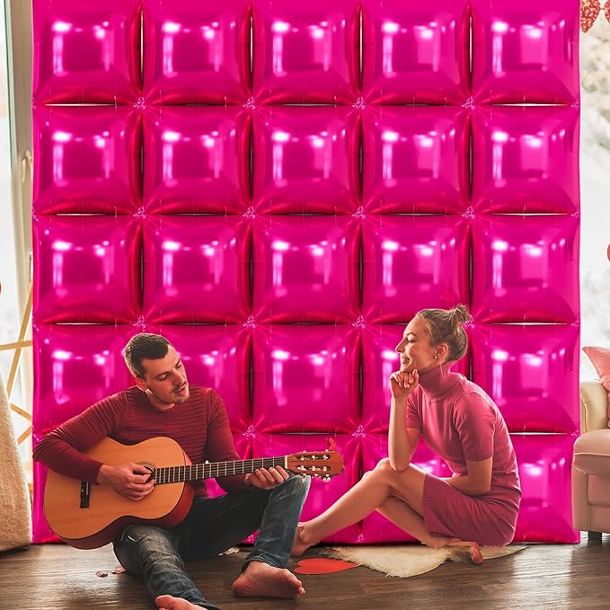 NISOCY 25PCS Hot Pink Square Foil Balloons Wall Backdrop Double Sided Rose Red Balloon Tunnel Arch Kit for Birthday Valentine Wedding Anniversary Bachelorette Bridal Baby Shower Party Decorations