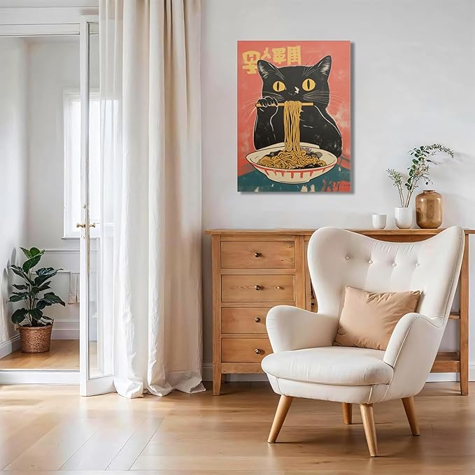 Framed Funny Black Cat Canvas Wall Art Set of 2, Vintage Japanese Cat Eating Ramen Poster, Unique Gifts and Animal Lover Printing Picture for Living Room Kitchen Dining Room Wall Decor 16x24 Inch