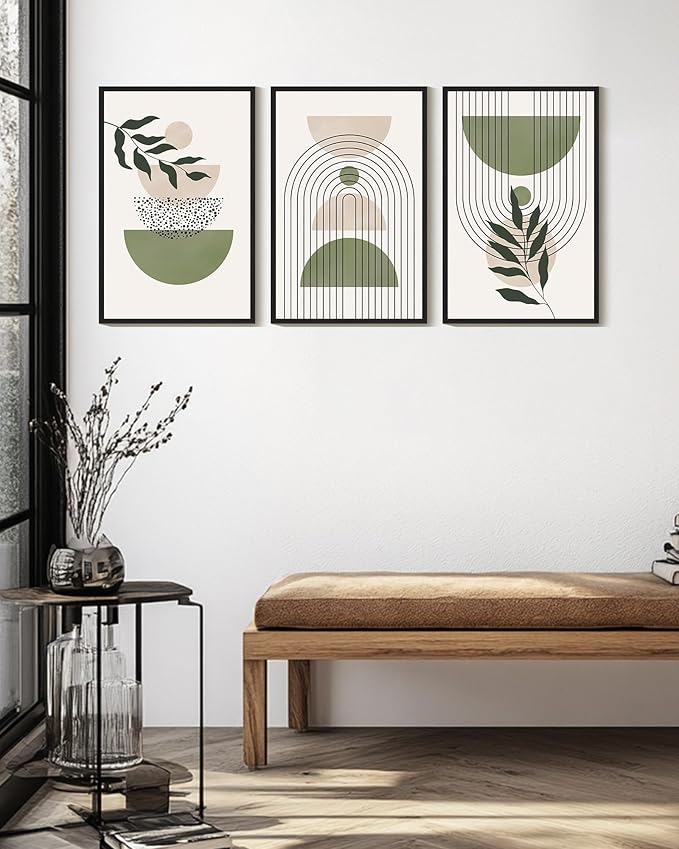 Drsoum Green Botanical Boho Wall Art Framed Modern Sage Bohemian Plant Wall Decor Abstract Geometry Lines Prints Ready to Hang 16x24in Black Framed