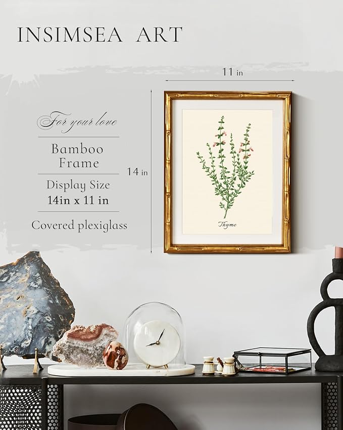 InSimSea Gold Bamboo Framed Canvas Wall Art, Vintage Watercolor Thyme Herbs Prints, Antique Picture Frame with Mat, Victorian Home Wall Decor for Kitchen Dining Living Room Bedroom, 11x14inch