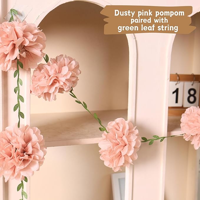 4 Pcs Dusty Pink Flower Garland for Bridal Shower Decorations, Baby Shower Decorations for Girls, Pom Pom Garland, Paper Flowers Party Decorations for Birthday