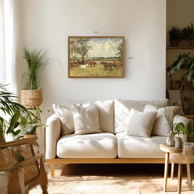 Clicyre Horse Pasture Wall Art, Vintage Country Canvas Print, Western Landscape Artwork, Peaceful Rustic Farmhouse Brown Horse Wall Decor for Living Room Bedroom Hallway Office Wood Framed 12x16 Inch