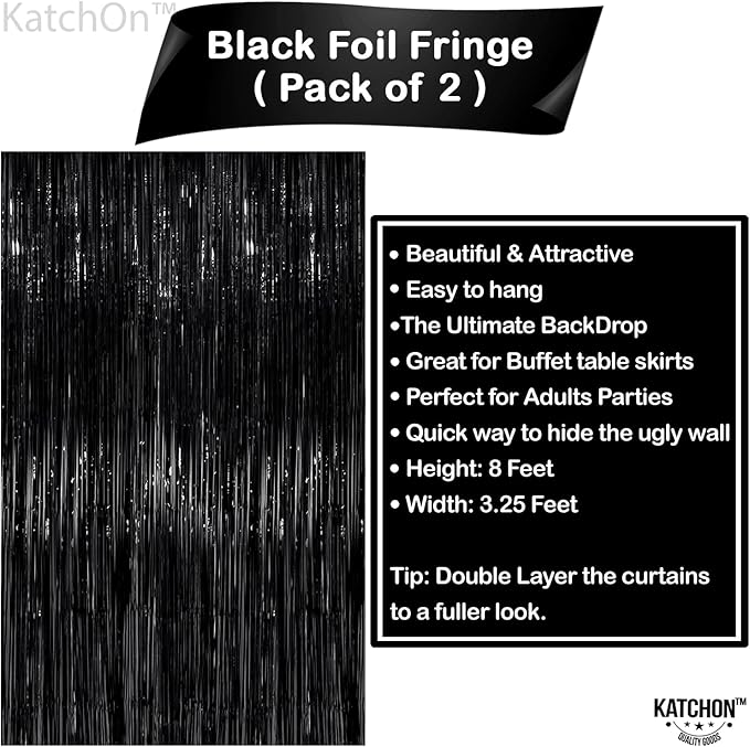 KatchOn XtraLarge Black Streamers - 3.2x8 Feet, Pack of 2 | Fringe Backdrop for Black Party Decorations | Tinsel Backdrop for Graduation Decorations 2026 | Black Streamers Party Decorations