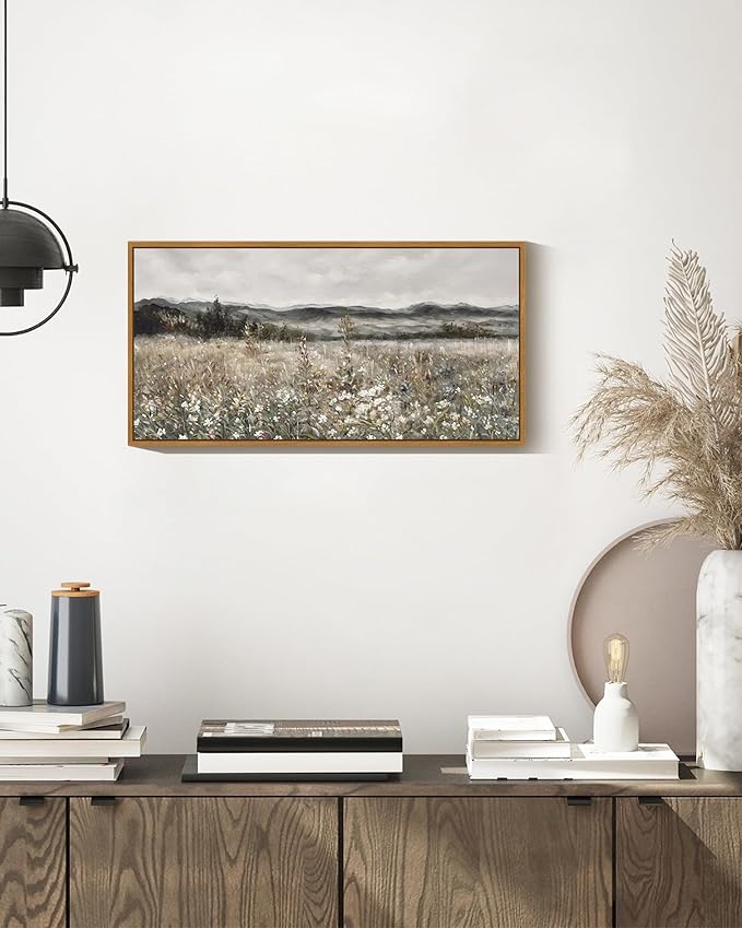 SHENIFY Vintage Framed Wall Art Meadow with Flowers Landscape Painting Retro Scenery Farmhouse Bedroom Living Room Decor - 8x16in Natural Framed