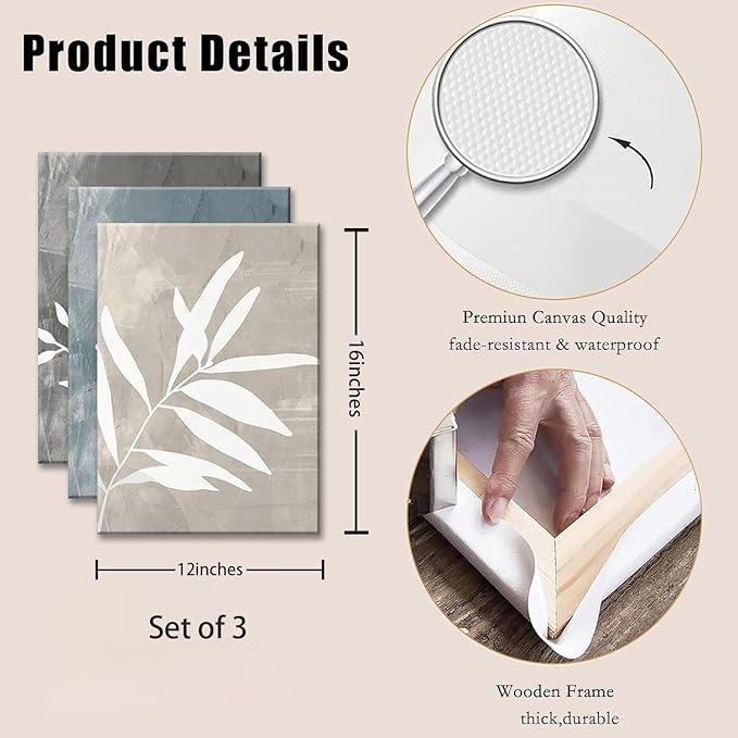 okudolit Vintage Botanical Canvas Wall Art Set of 3 Blue Grey and Beige Neutral Plant Leaf Prints Boho Minimalist Floral Art Pictures Wall Decor for Living Room Bedroom bathroom Office-12x16in