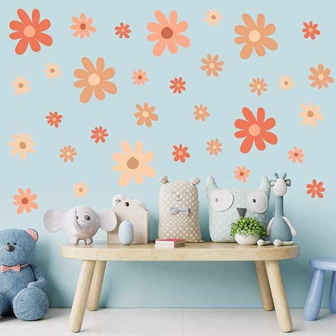 TaoBary 12 Sheet Daisy Wall Sticker Decal Removable Cute Daisy Bedroom Room Decor Flower Wall Sticker Pink White Flower Decal Wallpaper Peel and Stick for Nursery Home(Orange,Colorful Style)