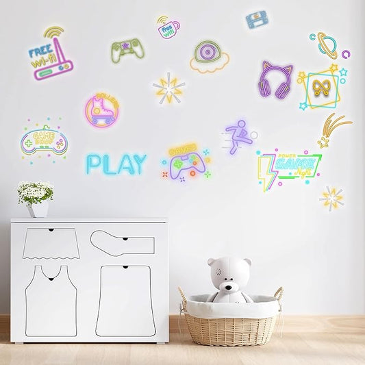 Neon Gaming Wall Stickers for Kids, Neon Gamer Wall Stickers for Children Room, Neon Video Game Character Removable Stickers for Baby Kids Nursery Girls Bedroom Living Room Playroom Wall Decoration