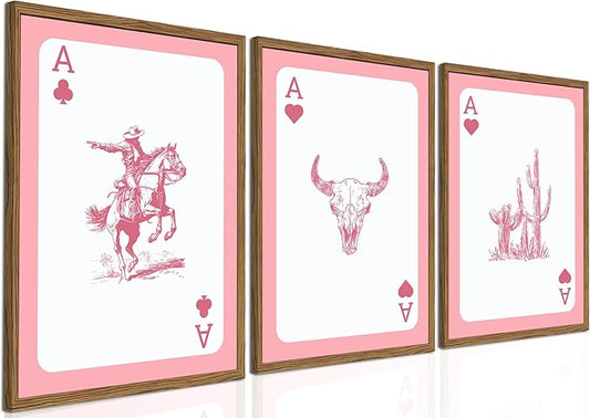 Western Cowboy Wall Art Set of 3 Southwestern Playing Card Wall Decor Pink Western Poster Canvas Prints Longhorn Bull Skull Room Decor for Bedroom Living Room Framed 16x24 inch